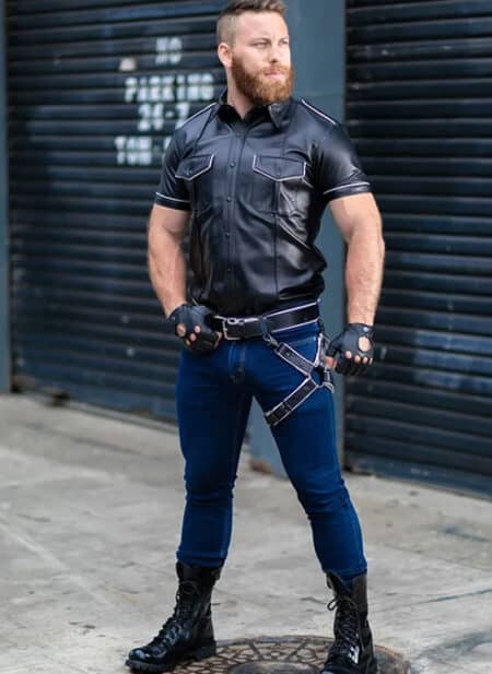Mr. S Leather Piped Short Sleeve Police Shirt White Small