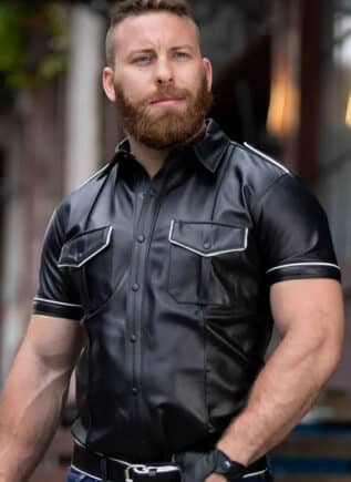 Mr. S Leather Piped Short Sleeve Police Shirt White Small