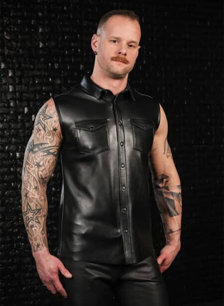 Mr. S Leather Lambskin Sleeveless Shirt Black