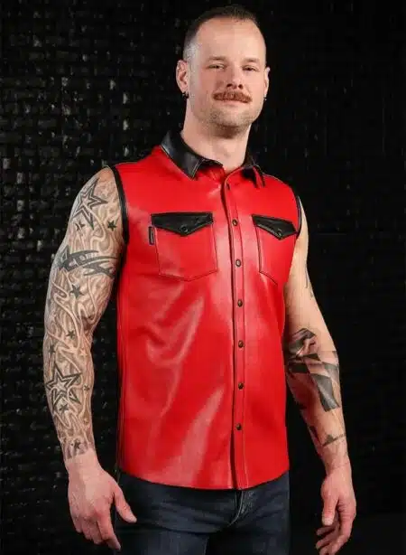 Mr. S Leather Lambskin Sleeveless Shirt Red