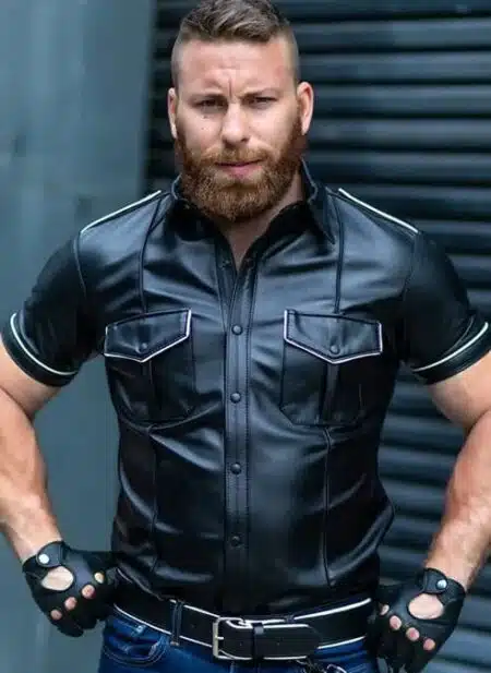 Mr. S Leather Short Sleeve Police Shirt with White Piping