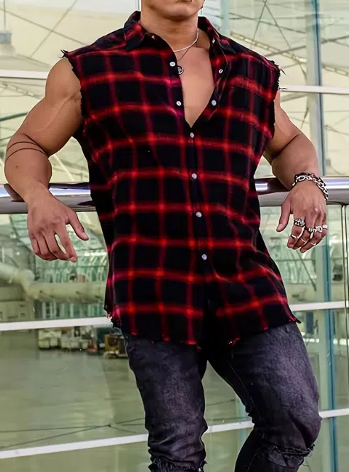 Plaid Sleeveless Shirt - Casual Fringe Craft Shirt - Red