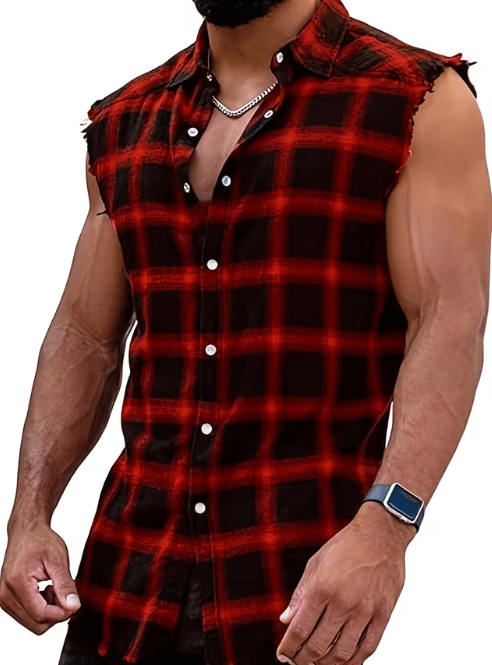 Plaid Sleeveless Shirt - Casual Fringe Craft Shirt - Red