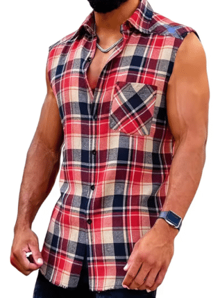 Plaid Sleeveless Shirt - Casual Fringe Craft Shirt - Red/Blue