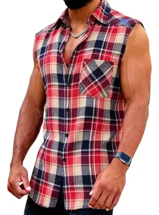 Plaid Sleeveless Shirt - Casual Fringe Craft Shirt - Red/Blue