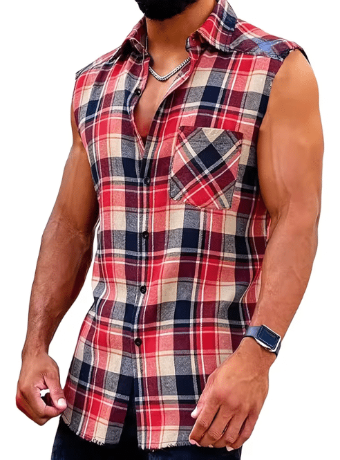 Plaid Sleeveless Shirt - Casual Fringe Craft Shirt - Red/Blue