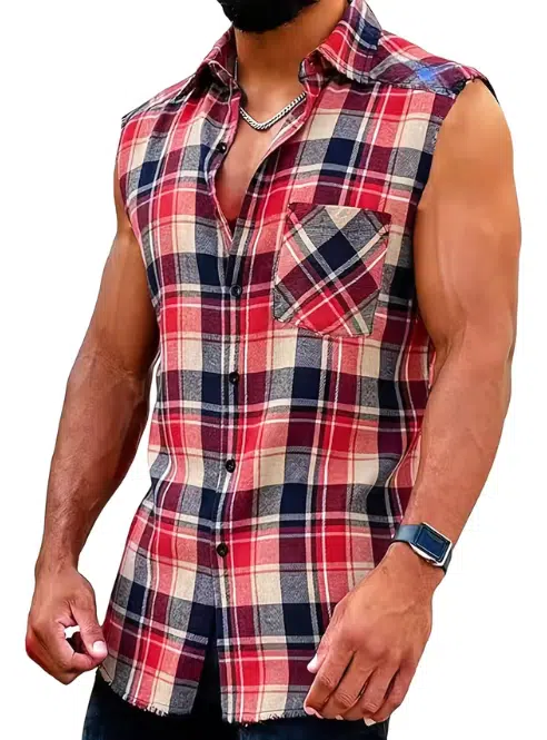Plaid Sleeveless Shirt - Casual Fringe Craft Shirt - Red/Blue
