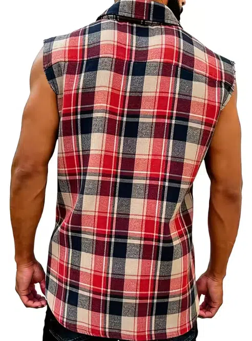 Plaid Sleeveless Shirt - Casual Fringe Craft Shirt - Red/Blue