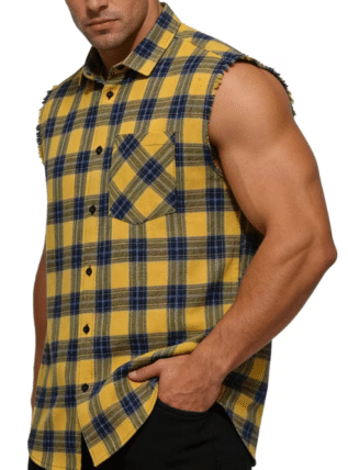 Plaid Sleeveless Shirt - Casual Fringe Craft Shirt - Yellow