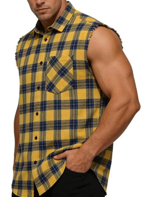 Plaid Sleeveless Shirt - Casual Fringe Craft Shirt - Yellow