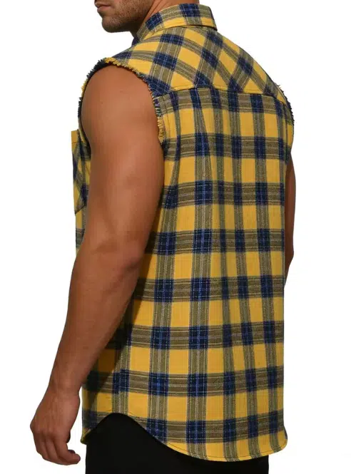 Plaid Sleeveless Shirt - Casual Fringe Craft Shirt - Yellow