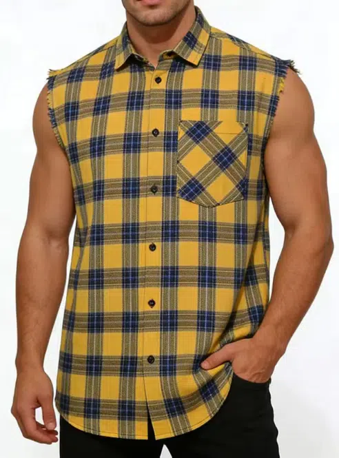 Plaid Sleeveless Shirt - Casual Fringe Craft Shirt - Yellow