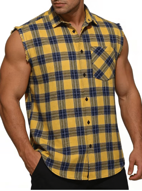 Plaid Sleeveless Shirt - Casual Fringe Craft Shirt - Yellow