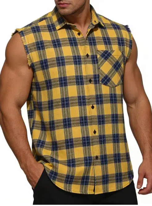 Plaid Sleeveless Shirt - Casual Fringe Craft Shirt - Yellow
