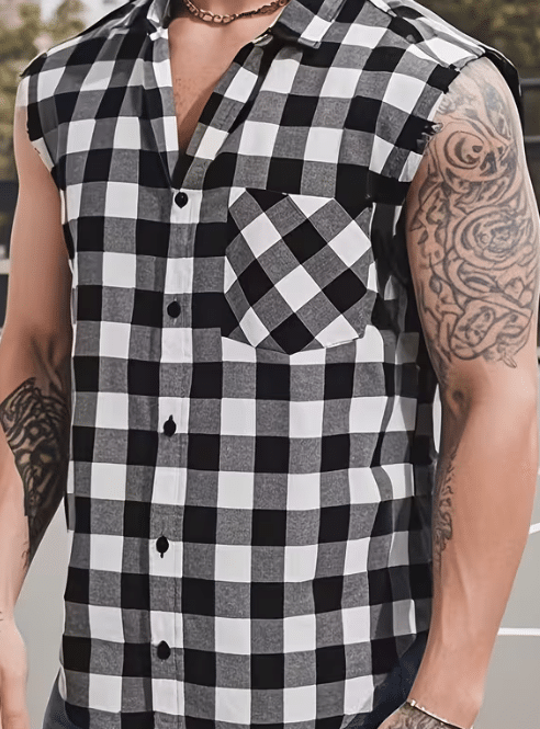 Plaid Sleeveless Shirt - Casual Fringe Craft Shirt