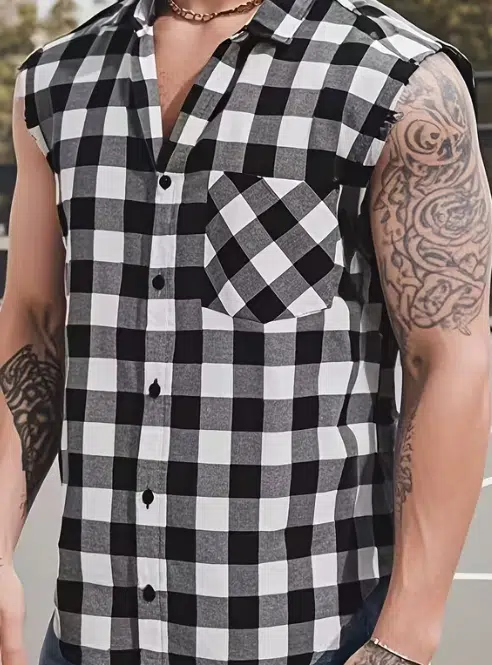 Plaid Sleeveless Shirt - Casual Fringe Craft Shirt